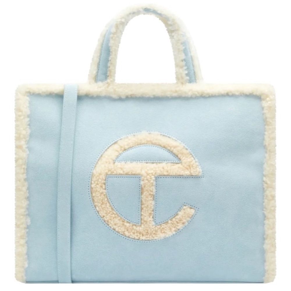 UGG x TELFAR Medium Gender Inclusive Suede and Shearling Shopper Tote Bag — Blue
